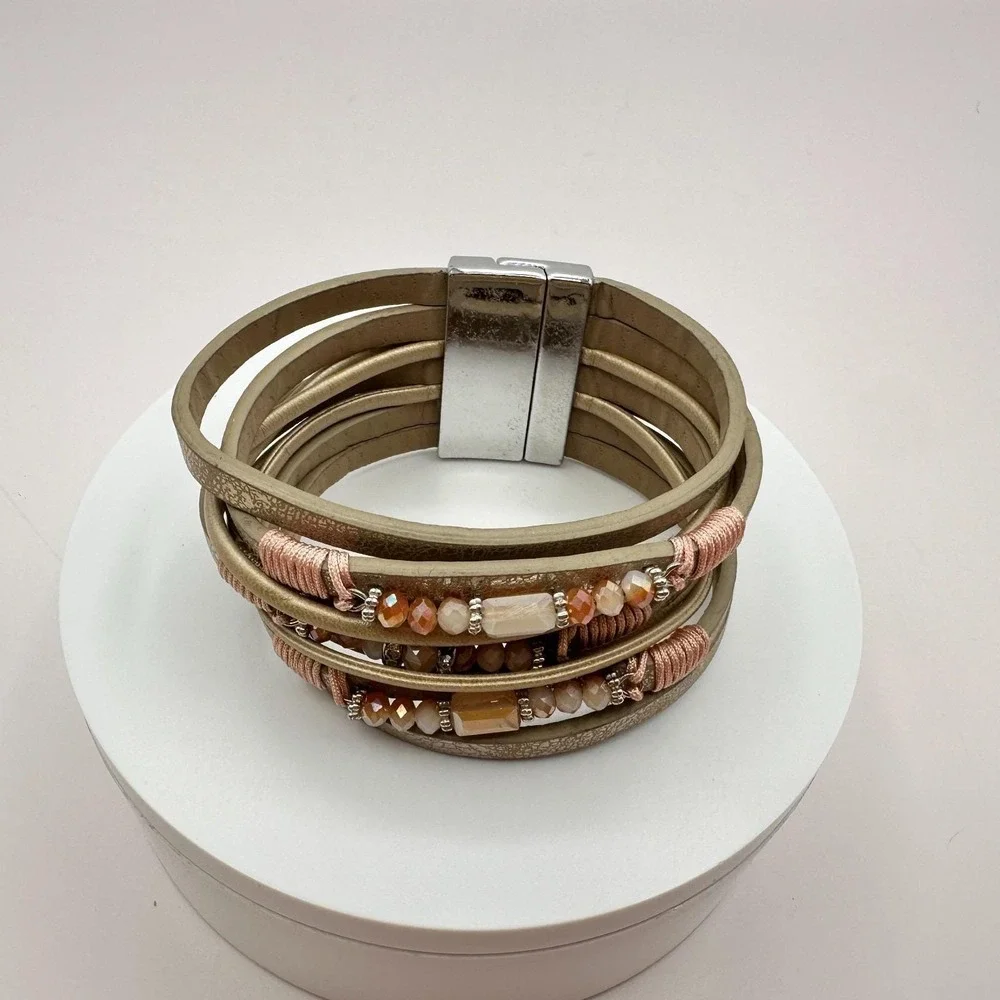 Vintage Y2K Boho Beaded Faux‎ Leather Multi Strand Cuff Bracelet Women's Jewelry